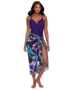 in stock Elegant Fitted Beach Sarong, Elegant Fitted Sarong For Beach, Elegant Multicolor Swimwear For Vacation, Elegant Purple Swimwear For Vacation, Elegant Fitted Sarong For Party, Elegant Fitted Party Sarong, Pareo Sarong, Flora Print, Sheer Fabric