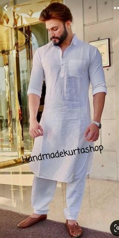 "HANDMADEKURTASHOP  Description Man kurta for Man Give yourself a best ethnic look by wearing this Top and bottom Set. Made of rich cotton silk blend fabric this regular-fit set comprises a full-sleeved Indian kurta pajama This outfit with mojris will look apart on special occasions. material 100%Cotton Color : white color Kurta Length : 40 inches Kurta Pathani Set Shirt Chest is measurement for shirt (not body) As per standard, for best loose fitting 6 inches gap should be there between actual chest size and shirt chest size Size chart is below Men's Sizes Actual Body Chest - Ready Shirt Chest i Add 6\" Inches Lose Fitting Fabric Armhole To Armhole. XS - 30\" Inches 36\" Inches S - 34\" Inches 40\" Inches M - 36\" Inche 42\" Inches L - 40\" Inches 46\" Inches XL - 44\" Inches 50\" Inches Casual Long Sleeve Kurta With Dabka, Casual Kurta With Dabka For Festivals, Casual Dabka Kurta For Festivals, Casual Summer Kurta With Dabka Details, Casual Straight Kurta Set For Eid, Casual Long Sleeve Kurta For Diwali, Casual Long Sleeve Kurta For Navratri, Casual Dabka Kurta For Summer, Casual Eid Straight Kurta Set