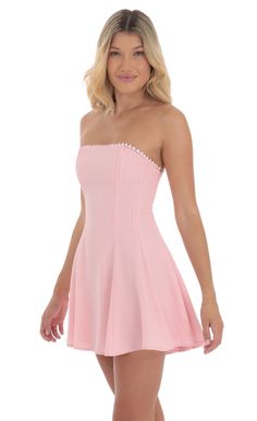 Heart Trim Strapless A-line Dress in Pink | LUCY IN THE SKY Hoco Dresses Pink, Short Hoco Dresses, Pink Dress Short, Pink Strapless Dress, Pink Formal Dresses, Sorority Outfits, Heart Dress, Hoco Dresses, Crepe Fabric