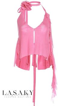 Lasaky - Chic Halter Neckline Crop Top with Low Cut Back and Slim Fit - Exquisite Fashion Design Pink Halter Neck Top, Slim Fit Crop Top, Formal Dresses With Sleeves, Backless Crop Top, Cotton Linen Dresses, Crop Top Casual, Y2k Clothes, Halter Neck Top, Flower Applique