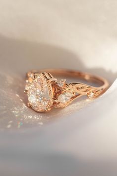 Large Moissanite Engagement Ring With Marquise Diamonds - Etsy Ring With Leaves, Engagement Ring Pear, Twig Engagement Ring, Leaf Shapes, Pear Cut, Rose Gold Ring, Gold Ring, Pear, Engagement Ring