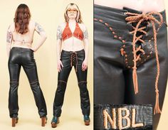 brand: NORTH BEACH LEATHER era: 1990S  condition: EXCELLENT, GENTLY USED material:  SUPER SOFT LEATHER {DEERSKIN?}, UNLINED tag size: 4 suggested size: XS 2/4  [ items may be pinned to fit model ] waist~ 13-13.5" across {low rise} hip~ 17" across inseam~ 35" rise~ 9" overall length~ 42" shoulder to hem {cuffed at hem in photos} leg opening~ 7.5" across | model is 5'4 tall | US dress size 2/4 | items may be slightly pinned / belted on model to show correct fit | ALL SALES ARE FINAL ALL ITEMS ARE North Beach Leather Vintage, Vintage Brown Bottoms For Festival, Vintage Fitted Bottoms For Festival, Vintage Black Festival Bottoms, Vintage Black Bottoms For Festival, Low Rise Pants, North Beach, Deer Skin, Rock N