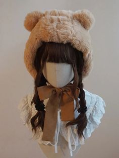 Light Brown Little Bear Ears Design Self-tie Straps Plush Hat Bear Themed Outfit, Kawaii Bear Outfit, Teddy Bear Outfit Aesthetic, Cute Bear Outfits, Bear Outfit Aesthetic, Cute Bear Costume, Teddy Aesthetic, Teddy Bear Aesthetic, Bear Halloween Costume