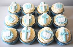 cupcakes decorated with blue and white frosting