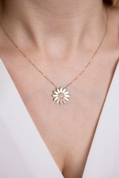 "ABOUT PRODUCT This 14K Gold Daisy necklace is beautifully designed and hand crafted with our associates to make this a special gift for your loved ones. Knowing the value of our customers, We prepare each piece with extra care and attention. ITEM DETAILS Material: 14K Gold Approx: 2.40 gram Available colors: Gold, Rose Gold, White Gold Available Sizes: 14\" to 20\" ✪ 14k Solid Gold ( Certification will be included with your order ) ✪Available 14K White, Yellow, Rose Gold (also in 10, 18K) 🛠 Ya Diamond Flower-shaped Necklace With Diamond Accents, Diamond Necklace With Flower Shape And Diamond Accents, Diamond Necklace With Single Cut Flower-shaped Diamonds, Diamond White Flower-shaped Jewelry With Single Cut Diamonds, Fine Jewelry Flower Shaped Necklace With Diamond Accents, Flower Shaped Single Cut Diamond Wedding Necklaces, Flower Pendant Jewelry With Single Cut Diamonds, Flower Shaped Necklace With Single Cut Diamonds For Gift, Diamond White Necklace With Flower Pendant And Diamond Accents