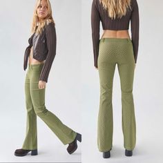 Urban Outfitters Eva Flare Pants, Brand New! Zips On The Side, Light Flare, And Fun Green Pattern. 76% Viscose, 21% Nylon, 3% Elastane. Size 2. Retail $59 Please Read Policy Before Buying #Uo #Urbanoutfitters #Pants #Pattern Trendy Green Non-stretch Wide Leg Pants, Retro Stretch Mid-rise Bottoms, Retro Mid-rise Stretch Bottoms, Retro Mid-rise Summer Pants, Non-stretch Mid-rise Green Pants, Retro Fitted Mid-rise Pants, Retro Mid-rise Pants, Retro Non-stretch Trousers, Non-stretch High Waist Bottoms By Urban Outfitters