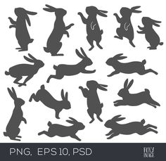 the silhouettes of rabbits in various poses and positions, including one running or jumping