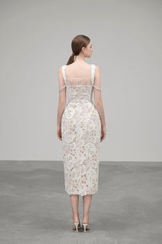 This dress is designed for an enhanced silhouette. Cut from fine embroidered lace and featuring a tulip skirt and strappy neckline, this dress is perfect for a special occasion. Its midi length and elegant details create a sophisticated look. Types Of Lace, Mean Blvd, Tulip Skirt, Ankle Length Dress, Square Neck Dress, Lace Midi, Lace Midi Dress, Silhouette Cut, Pencil Dress