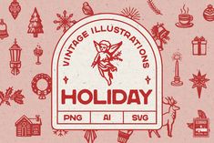 an old fashioned holiday sign surrounded by christmas decorations and other vintage items on pink paper