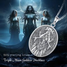 two women standing next to each other in front of a full moon with the words triple moon goddess necklace