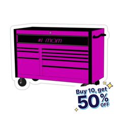 a pink toolbox with the words mom on it and 50 % off stickers