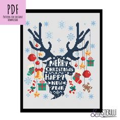 a cross stitch christmas card with reindeer's head and presents hanging from the antlers