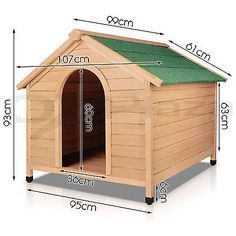 a dog house with the measurements for it's roof and side door open to show its size