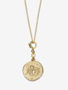 Birthdates: October 23rd - November 21st 17mm Coin; 18k Yellow Gold & .03ct White Diamonds Featuring Ancient Greek Zodiac symbols, with their constellations overlayed in diamonds. Each is engraved on its back with its Zodiac sign. This coin comes on a charm clasp. Meaning the clasp opens and closes and can be taken off or put on any chain. Made and hand-finished in LA, each piece sold helps ocean-related causes Luxury Zodiac Sign Round Pendant Jewelry, Luxury Zodiac Sign Necklaces, Luxury Gold Plated Zodiac Sign Jewelry, Luxury Gold-plated Zodiac Sign Jewelry, Luxury Zodiac Sign Jewelry For Anniversary, Luxury Gold-plated Zodiac Jewelry, Fine Jewelry Diamond Zodiac Sign, Azlee Jewelry, Coin Shop