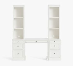 a white desk and bookcase with drawers