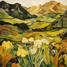 a painting of yellow flowers and mountains in the background, with white flowers on green grass