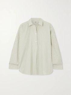 TOTEME Striped cotton-poplin shirt | NET-A-PORTER Timeless Cotton Shirt For Daywear, Cream Cotton Blouse For Everyday, White Timeless Top With Relaxed Fit, Timeless White Relaxed Fit Top, Timeless Cotton Shirt For Work, Classic Cream Shirt For Everyday, Timeless White Cotton Blouse, Beige Cotton Office Tops, Timeless Cotton Tops With Placket