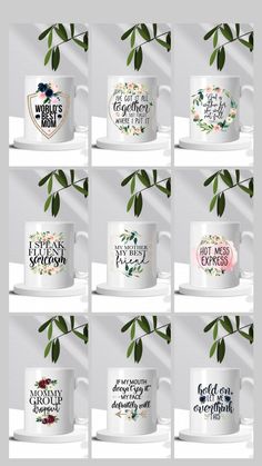 six coffee mugs with different designs on them, each one has a plant in the middle