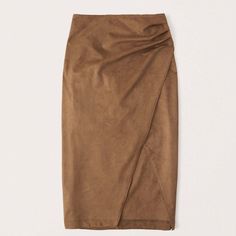 High Rise Midi Skirt In Luxe Vegan Leather Fabric, With A Figure-Flattering Ruching Detail At The Hip And A Slit. Size Xs. Brown Suede Skirt, Denim Wrap Skirt, Dressy Jeans, Ruched Midi Skirt, Polka Dot Midi Skirt, Midi Denim, Tie Skirt, Leopard Skirt, Women's Bottoms