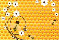 bees and flowers on an orange background with honeycombs, beehives and daisies