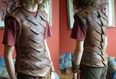 two pictures of a woman wearing a leather vest and shorts, one in the process of making a cosplay