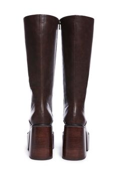 cuz you always go for the classics. These retro knee high boots have a vegan leather construction, chunky platform soles with block heels, and side zip closures. High Platform Boots, Knee High Platform Boots, Brown Knee High Boots, Fashion Shoes Heels, Birthday Fits, Vintage Soul, Fresh Shoes, Chunky Platform, Brown Shoe