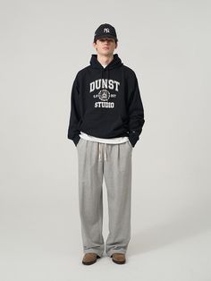 It is a straight fit wide jogger pant with leather D logo embellishment. The sweatpant features relaxed fit silhouette and pleats on the front to make stylish look. The pant can be styled in two ways using the drawstring on the hem. It has leather logo embelishment and embroidery point on the front pocket. The pant is easy to style with different items, especially sweatshirts and hoodies from the brand. - Elastic band waist- Side pockets- Back pockets- Logo label Baggy Grey Sweatpants Outfits Men, Man Sweatpants Outfit, Man Joggers Outfit, Men’s Sweats Outfit, Basic Fits Men, Sweat Pants Men Outfit, Sweatpants Fit Men, Mens Outfits Sweatpants, Male Sweatpants Outfit