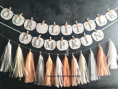 there is a sign that says our little pumpkin and tassels hanging from the string