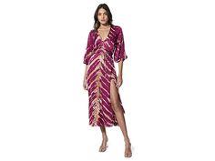 Young Fabulous & Broke Belle Midi Wrap Dress - Women's Dress : Wild Orchid/Savannah : Flaunt vibrant colors of the summer season in a Young Fabulous Broke Belle Midi Wrap Dress. Relaxed fit. V-neckline. Wrap style maxi dress with tie detail. Three-fourth kimono sleeve with elasticized cuffs. Revealing leg split. Multicolor unique pattern all over. 55% viscose, 45% rayon. Hand wash, dry flat. Imported. Chic Rayon Maxi Dress With Surplice Neckline, Summer Maxi Dress With Tie Waist And Surplice Neckline, Chic Rayon Maxi Dress As Beach Cover-up, Chic Rayon Maxi Dress For Beach, Summer V-neck Maxi Dress With Tie Waist, Spring Vacation Kaftan With Tie Waist, Elegant Maxi Dress With 3/4 Sleeves For Beach, Casual 3/4 Sleeve Maxi Dress For Beach, Spring Beach Maxi Dress With 3/4 Sleeves