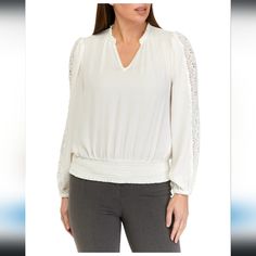 Tahari Women's Long Sleeve Blouse With Crochet Trim White Size Small Crochet Sleeves Give On-Trend Appeal To This Blouse From Tahari. Product Details Pullover Split Neck Long Sleeves With Gathered Shoulders Product Specifications 22.5" L Material & Care Polyester Machine Washable V-neck Lace Top Blouse For Work, Elegant V-neck Crochet Top With Lace Trim, Elegant Fitted V-neck Crochet Top, V-neck Lace Trim Blouse For Work, V-neck Blouse With Lace Trim For Work, Elegant Fitted Crochet Top With V-neck, Elegant V-neck Crochet Top For Spring, Elegant Crochet V-neck Top With Lace Trim, Elegant White V-neck Crochet Top