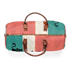 Pack up for your weekend getaway with the Atomic Cat Retro TV Travel Bag! This vibrant MCM weekender is a playful tribute to the '50s, featuring sassy feline silhouettes and a nostalgic television design. Teal, coral, and beige hues dance across the durable fabric, while the brown leather accents add a touch of sophistication. Whether you're off on a road trip or jet-setting, this bag is the purr-fect companion for every retro-loving traveler Key Features One size: 20" × 12'' × 9" (50.8cm × 30.5 Retro Rectangular Bags For Weekend, Vintage Weekender Bag For Daily Use, Retro Green Bags, Vintage Rectangular Weekender Bag For Weekend Trips, Retro Rectangular Duffle Bag For Everyday Use, Vintage Pink Travel Bags, Retro Rectangular Travel Bag, Vintage Rectangular Duffle Bag For Trip, Retro Rectangular Travel Bag For Trips