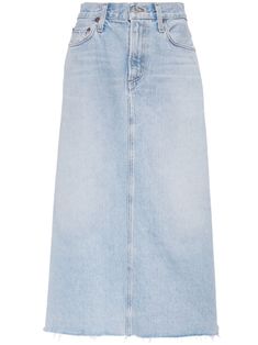 light blue regenerative cotton washed denim A-line whiskering effect high-rise belt loops concealed fly and button fastening classic five pockets raw-cut hem mid-length Mid Rise Denim Skirt, High Rise Denim Skirt, Blue Jean Skirt, Pleats Please Issey Miyake, Denim Midi Skirt, Washed Denim, High Rise Denim, Light Denim, Yoga Wear