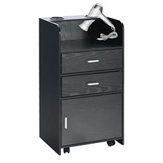 a black filing cabinet with two drawers and a silver faucet on the top