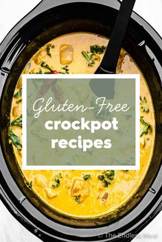 a crock pot filled with chicken and broccoli is shown with the title text overlay reads gluten - free crockpot recipes