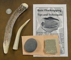 an animal's bone, rock and other items on a table with paper next to it