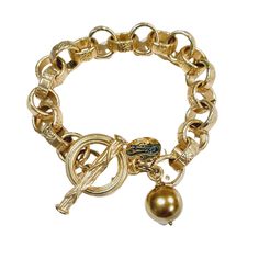 18K gold over steel. Large easy to manage decorative toggle clasp. Heavy round link chain. Gold coated freshwater pearl dangles. Coming soon the Puff Center Beaded Bracelet. See the Brushed Gold Stretch Bracelet show in photo. Shop with confidence! We want you to love wearing, sharing and giving Beauty In Stone Jewelry! We gladly accept returns within 15 days of purchase on unworn jewelry. Any problems after that we're happy to repair it or replace it within 60 days. Gold Metal Bracelet With Toggle Clasp, Elegant Gold Pearl Bracelet With Charms, Elegant Gold Charm Bracelet With Toggle Clasp, Gold Metal Charm Bracelet With Toggle Clasp, Gold Stretch Bracelet, Note Box, Gold Pearl, Baroque Pearls, Chain Link Bracelet