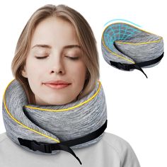 a woman with her eyes closed wearing an inflatable neck pillow