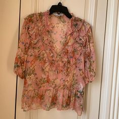 Zara Printed Floral Chiffon Top With Ruffles. Size M. Brand New With Tags. Pink V-neck Blouse With Ruffles, Casual Pink Chiffon Blouse, Spring Pink Chiffon Blouse, Feminine Chiffon Blouse For Spring, Feminine Chiffon Blouse For Brunch, Pink Floral Print Chiffon Tops, Chic Pink Chiffon Blouse, Spring Pink Chiffon Top, Spring Chiffon Blouse With Ruffle Hem