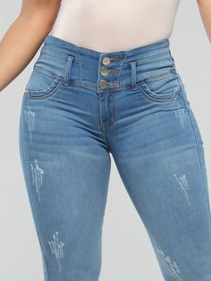 Light Blue

Skinny

No back pockets

Tummy control

High waist three button

Faux front pockets

Material: 62% Cotton / 35% Polyester / 3% Elastane Colombian Jeans, Compression Bra, Bra Accessories, Waist Trainer, White Shop, Jeans Shop, Short Hair, Women Jeans, High Waist