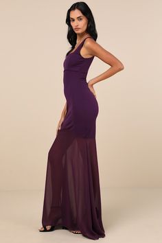 All will be in awe of a whimsically special look like the Lulus Sincerely Exemplary Purple Sleeveless Trumpet Hem Maxi Dress! Stretchy crepe knit shapes this chic dress that features a princess-seamed bodice with a flattering under-bust seam, a trendy square neck (and back), and slender tank straps. The figure-flaunting silhouette continues down to a breezy, sheer chiffon trumpet-style maxi hem. Hidden back zipper/clasp. Fit: This garment fits true to size. Length: Floor length. Size medium meas Adhesive Bra, Sheer Chiffon, Strapless Bra, Hem Dress, Chic Dress, Square Neck, Floor Length, Bodice, Chiffon