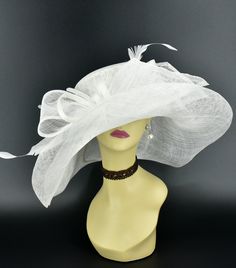 "✿*.Key Features.*✿ This is a floopy wide brim hat with big bows, two long sinamay ribbons and supper long trimmed feathers. You can wear it directly or add some accents you want, very stunning and beautiful hat. Great for Kentucky derby, weddings, church, Easter, Royal Ascot, horse races, cocktails, tea party, or any hat wearing occasion. Hat base size: From front to back around : 21\" (53cm) From left to right around : 21\" (53cm) Brim size appr:6-7.5\" Crown Deep: 4.5\" Head girth: 22.5(57cm) Elegant White Adjustable Fedora, Elegant Summer Fedora With High Crown, Elegant White Fedora With Short Brim, White Elegant Fedora, Elegant White Fedora For Spring, Adjustable Cloche Sun Hat For Wedding, Wide Brim Summer Wedding Headpiece, Formal White Sun Hat With Short Brim, Summer Wedding Wide Brim Headpiece