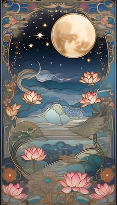 a painting with flowers and a moon in the sky