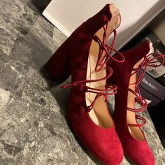 Brand New Cute Nine West Red Lace-up Heels For Spring, Fall Lace-up Heels With Red Sole, Red Lace-up Heels With Red Sole, Casual Burgundy Party Heels, Trendy Red Lace-up Heels, Red Lace-up Trendy Heels, Blue Block Heels, Brown Suede Heels, Black Patent Pumps