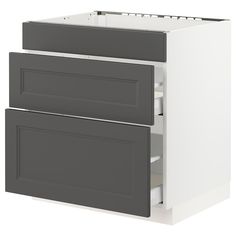 a white and gray kitchen cabinet with two drawers on each side, one door open