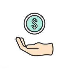 a hand holding a coin with the dollar sign in it's palm, on a white background