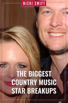 a man standing next to a woman in front of a wall with the words, the biggest country music star breaks