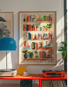 there is a shelf full of books and plants on the wall next to a lamp