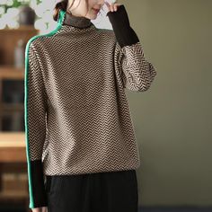 Gender: Women Item Type: Sweater Material: Cotton Pattern Type: Patchwork Neck: Turtleneck Theme: Winter Occasion: Going Out, Daily Style: Casual, Retro Color: Coffee, Black, Khaki Size: One Size Length: 60.00 cm/ 23.62 " Bust: 98.00 cm/ 38.58 " Shoulder: 53.00 cm/ 20.87 " Sleeve: 47.00 cm/ 18.50 " Cuff: 20.00 cm/ 7.87 " Hem: 90.00 cm/ 35.43 " Black Jacquard Knit Tops For Winter, Winter Long Sleeve Tops With Contrast Color, Black Jacquard Knit Tops For Fall, Green Winter Tops With Contrast Color, Winter Green Tops With Contrast Color, Green Contrast Color Tops For Winter, Brown Sweater With Contrast Color For Winter, Brown Winter Tops With Contrast Color, Brown Contrast Color Sweater For Winter