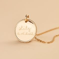 Accessorize with personality and choose our Beaded Disc Necklace for the perfect personalized jewellery gift. A classic disc surrounded by delicate beads in your choice of three metals, paired with your own hand-engraved message. 18K Champagne Gold Plated, 925 Sterling Silver or 18K Rose Gold PlatedBeaded Disc Charm: 0.8 x 0.8Secure clasp fasteningHand-engraved in our Paris workshopSent with love in a complimentary gift boxAny slight variations in lettering depth, spacing and alignment from the Disc Necklace, Jewellery Gift, Engraved Jewelry, Engraved Necklace, Champagne Gold, Metal Necklaces, Gold Plated Chains, Jewelry Lover, Hand Engraving