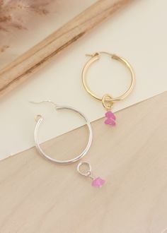 We wanted to add a pop of color to our classic hoops! These gemstone charms come in a pair of two so that you can add them to our classic hoops found here: Etta Hoop Earrings | Women's Gifts | Personalized Gifts | Handmade – Going Golden (going-golden.com) Details: Raw gemstones can vary in size and color, as no two are identical Available in 14K yellow gold-filled or sterling silver designed to fit on our Etta Hoops Hoops are sold separately Handmade in Brownsburg, Indiana Pink Sterling Silver Hoop Earrings, Small Hoop Earrings With Dangling Charms, Hoop Earrings With Charms For Jewelry Making, Everyday Small Hoop Earrings With Dangling Charms, Small Pink Hoop Earrings Nickel Free, Everyday Hoop Earrings With Charms, Charm Hoop Earrings As Gift, Hoop Earrings With Charms As Gift, Sterling Silver Hoop Earrings With Charms